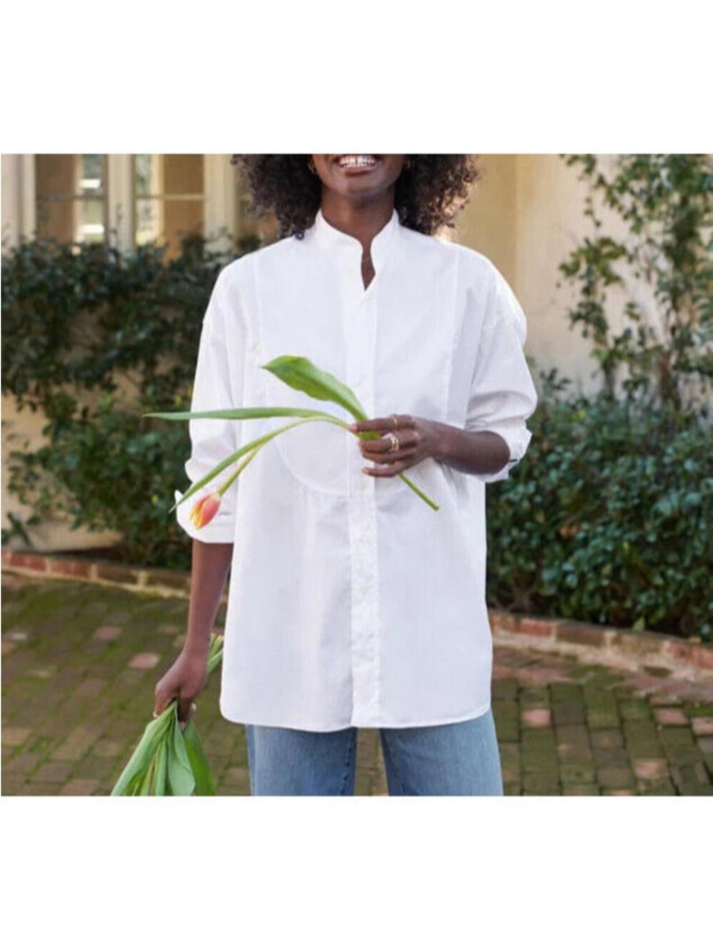 Frank & Eileen White Victoria tuxedo shirt. Super luxe fabric.